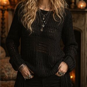 Banjo&Matilda Black Witchy Cobweb Open Knit Mohair Blend Sweater Whimsigoth